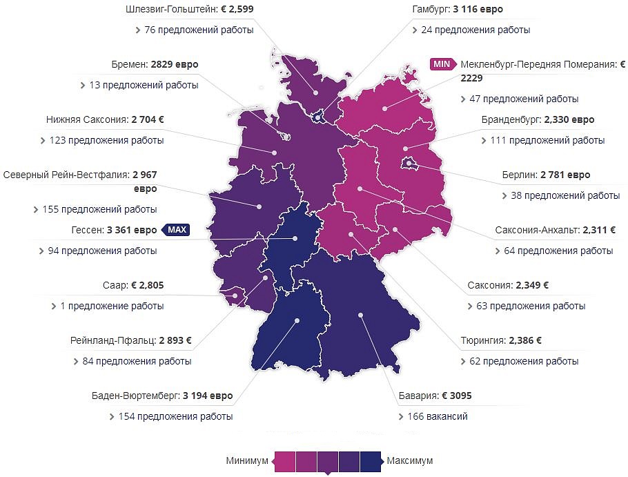 Карта Германии - зарплата слесаря по землям