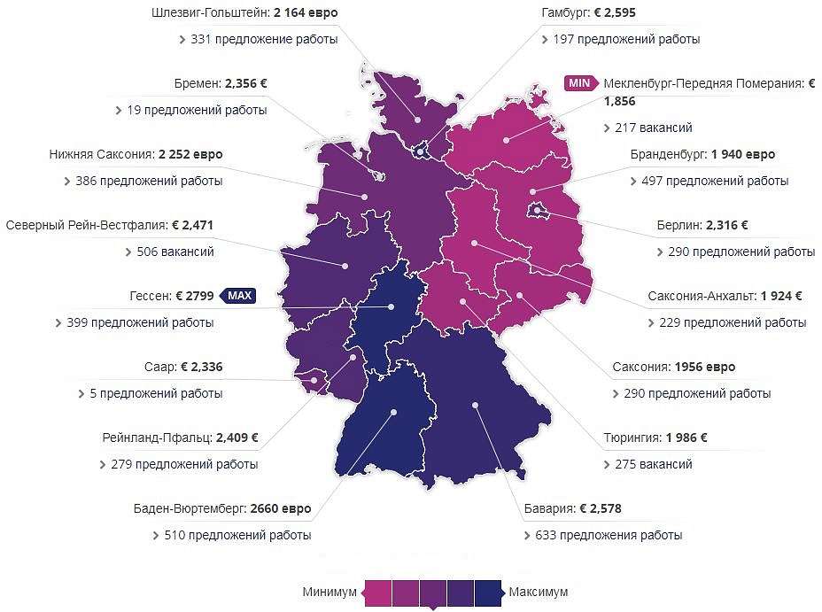 Скриншот: карта с зарплатами по землям Германии